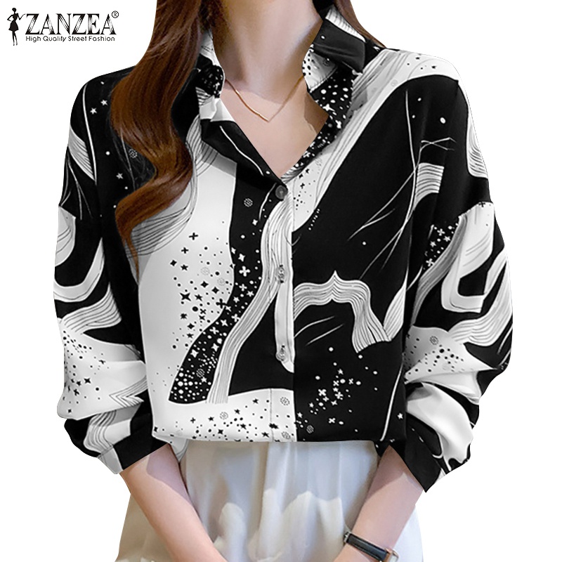 Áo Zanzea cổ áo gập xuống họa tiết in ấn kiểu dáng rộng rãi thời trang đơn giản phong cách Hàn Quốc cho nữ