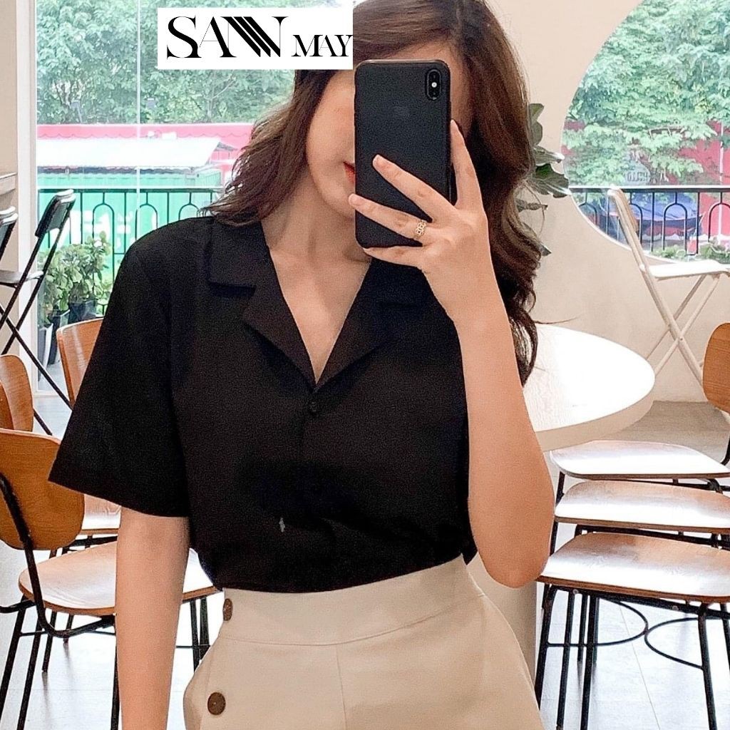 Áo sơ mi nữ Hàn Quốc form rộng SANJOLI Áo Sơ Mi công sở tay lỡ cộc tay kiểu đẹp, trắng đen nhiều màu cao cấp AO005 | BigBuy360 - bigbuy360.vn