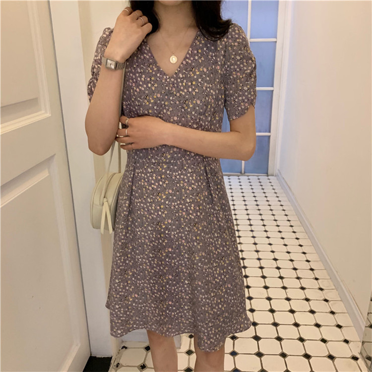 Đầm Nữ Ngắn Tay Cổ Chữ V In Hoa Thời Trang