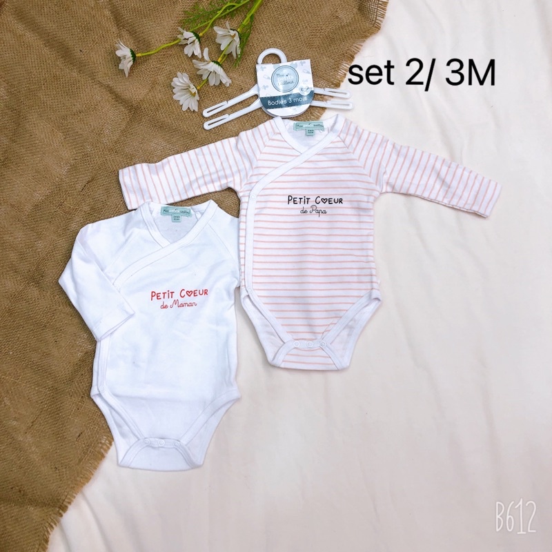 Set 2 body chip, bodysuit cotton dày dặn vạt chéo dài tay Quảng châu cho trẻ thiếu tháng, trẻ sơ sinh 1m,3m,6M-  Kèm móc