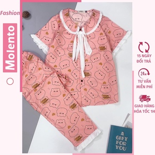 Đồ Ngủ Nữ Pijama Mặc Nhà Phối Nơ Bèo Tay Ngắn Quần Dài Họa Tiết Cute Dễ Thương Vải Kate Không Nhăn Bai Xù Molento M53