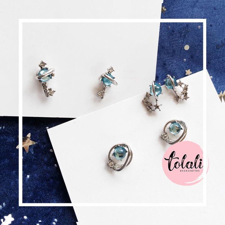 Khuyên KẸP và xỏ tai TINH CẦU VŨ TRỤ Blue Star Zircon ĐÁNG YÊU Hàn Quốc thời trang ngọt ngào - Bông tai nữ Đẹp KT008