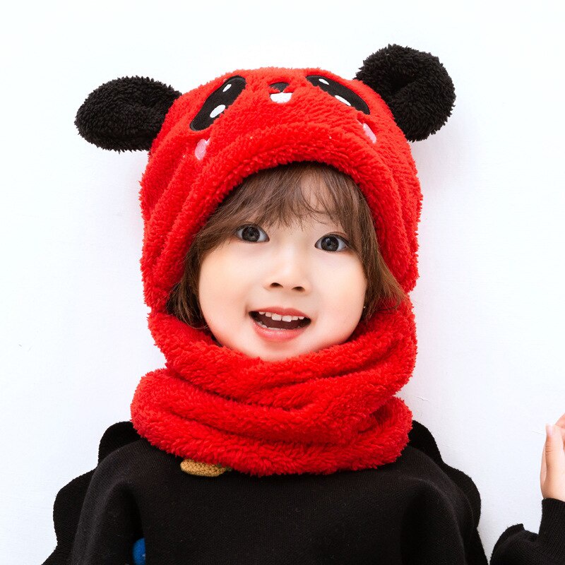 Mũ Beanie Kèm Khăn Choàng Cổ Bằng Lông Cừu Dày Dặn in Họa Tiết Hoạt Hình Gấu Trúc Dễ Thương Thời Trang Thu Đông Cho Bé