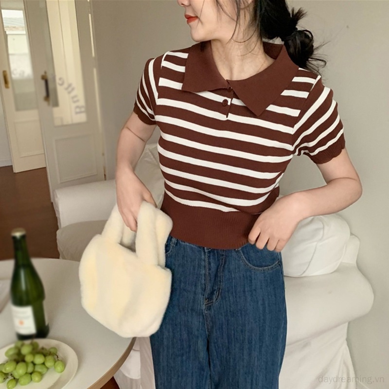 Áo Croptop Dệt Kim Tay Ngắn Cổ Bẻ Họa Tiết Kẻ Sọc Thời Trang Cho Nữ