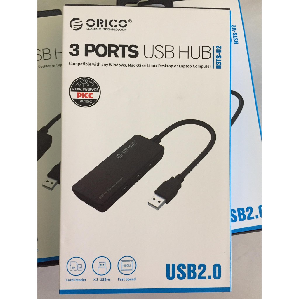 Bộ Chia HUB USB 2.0 Orico H3TS-U2 3 Cổng (Tích Hợp Đầu Đọc Thẻ Nhớ TF/SD) - Hàng Chính Hãng