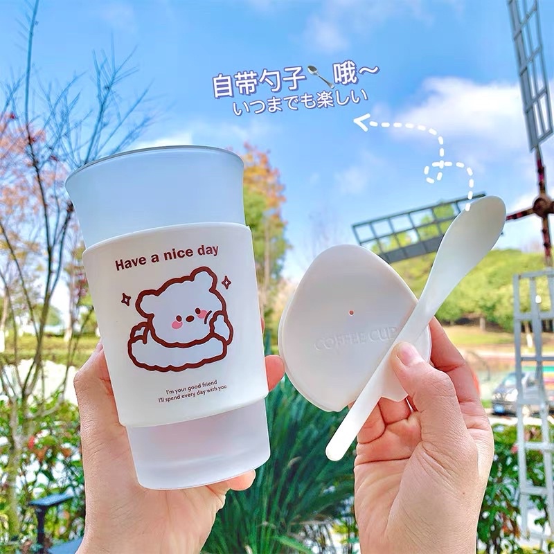 [🥤Có sẵn 🥤] Cốc thủy tinh ly thuỷ tinh có nắp dùng uống trà cà phê cao cấp - tặng kèm thìa mẫu siêu đẹp