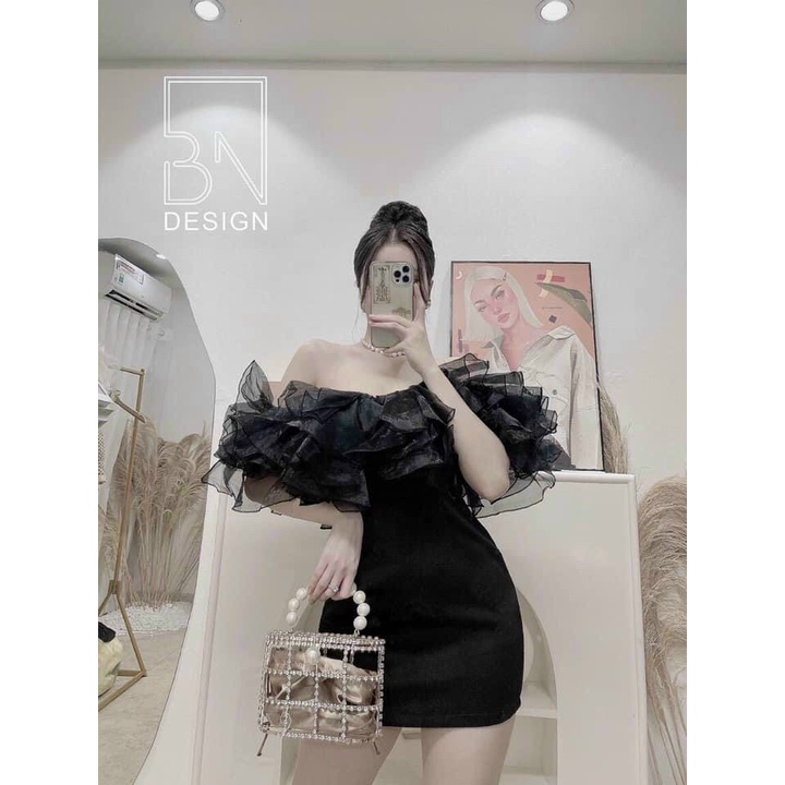 Đầm Body Trễ Vai Phối Bèo Voan Kiếng Có Mút Ngực Rose Fashion