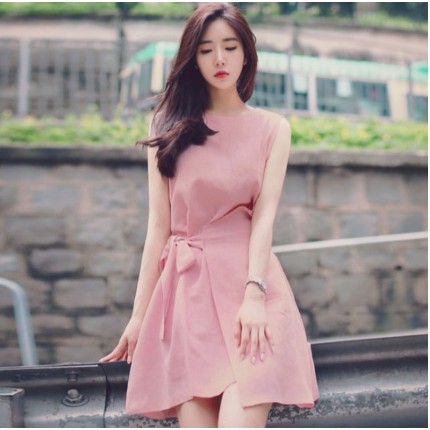 váy nữ hồng thắt nơ eo