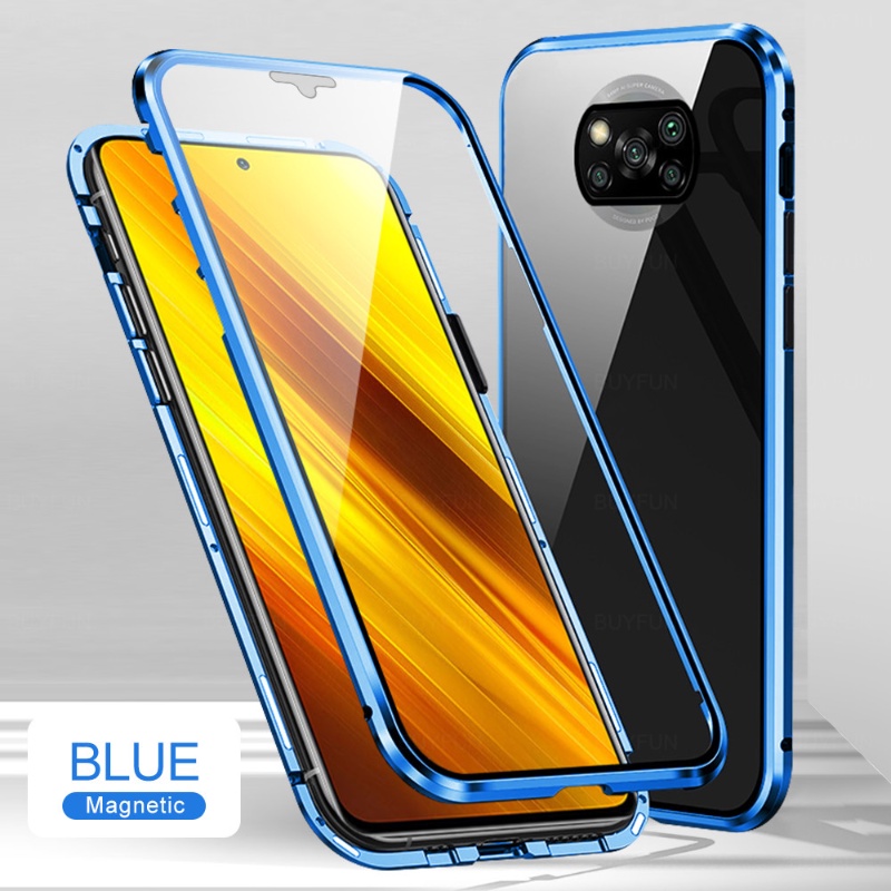 Ốp Điện Thoại Kính Cường Lực Hai Mặt Viền Kim Loại Nam Châm Cho Xiaomi POCO M3 F3 X3 NFC K20 K40 MI 11T 11TPro 11