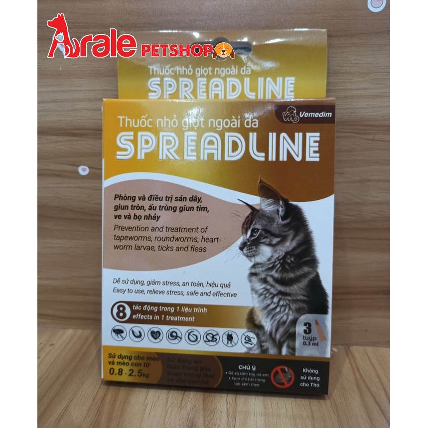 Nhỏ gáy Spreadline phòng và điều trị sán dây, giun tròn, ấu trùng giun tim, ve và đặc trị rận tai trên mèo