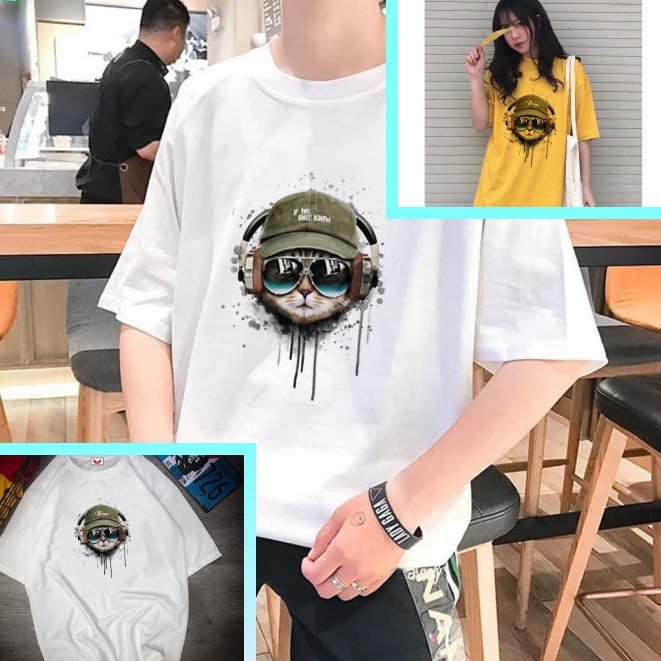 Áo Thun Tay Lỡ In Nhiệt Mèo Nghe Nhạc Unisex chất Cotton phong cách Ulzzang ATIN52 - Áo Phông unisex Cotton cao cấp