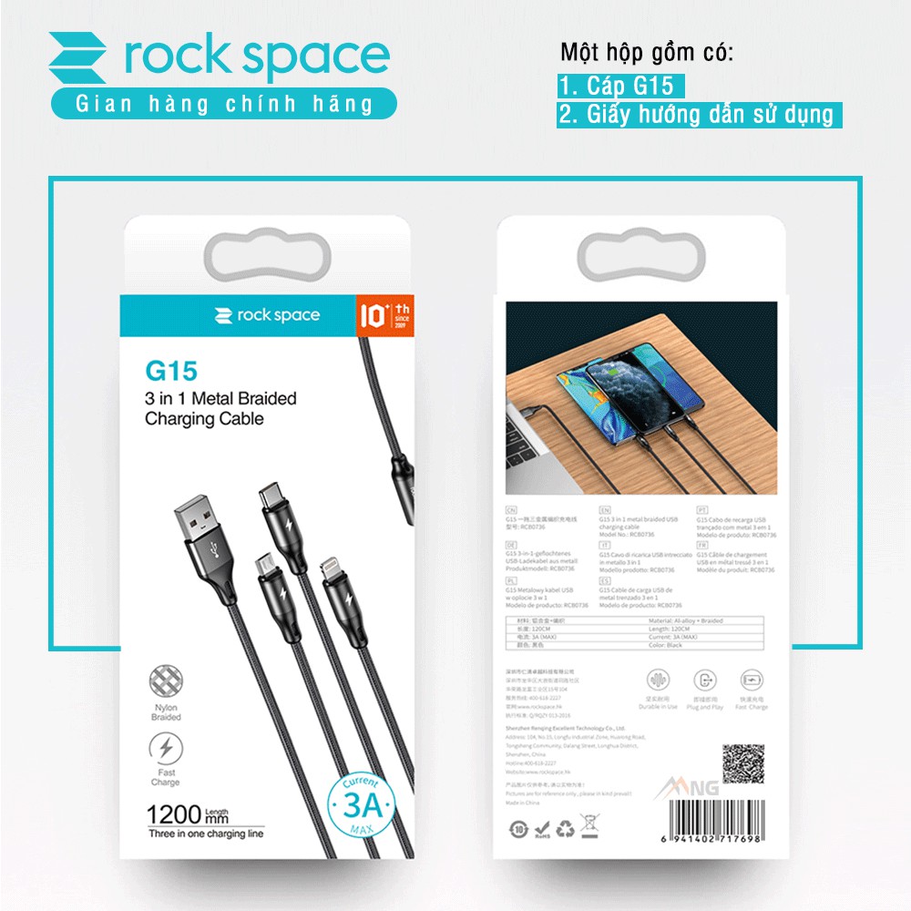 Cáp sạc Rockspace G15 dây dù 3 cổng Lightning / Micro USB/ chuẩn C sạc 3 thiết bị cùng lúc,sạc nhanh, hàng chính hãng