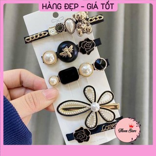 Set 5 kẹp tóc mái Hàn Quốc đính đá màu đen tiểu thư cực sang chảnh MS03