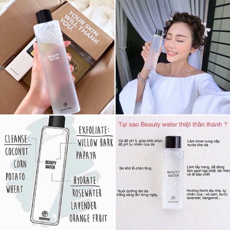 Nước Thần Làm Đẹp Da Son&Park Beauty Water 340ml Beauty Water 340ml là nước đa nhiệm, vừa là Make Up Remover, vừa Toner