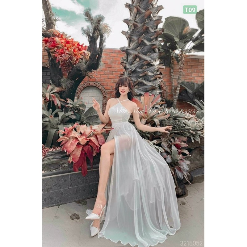 Đầm maxi cổ yếm hở lưng cột dây xẻ tà chất liệu chiffon 2 lớp đi biển du lịch (có ảnh thật)