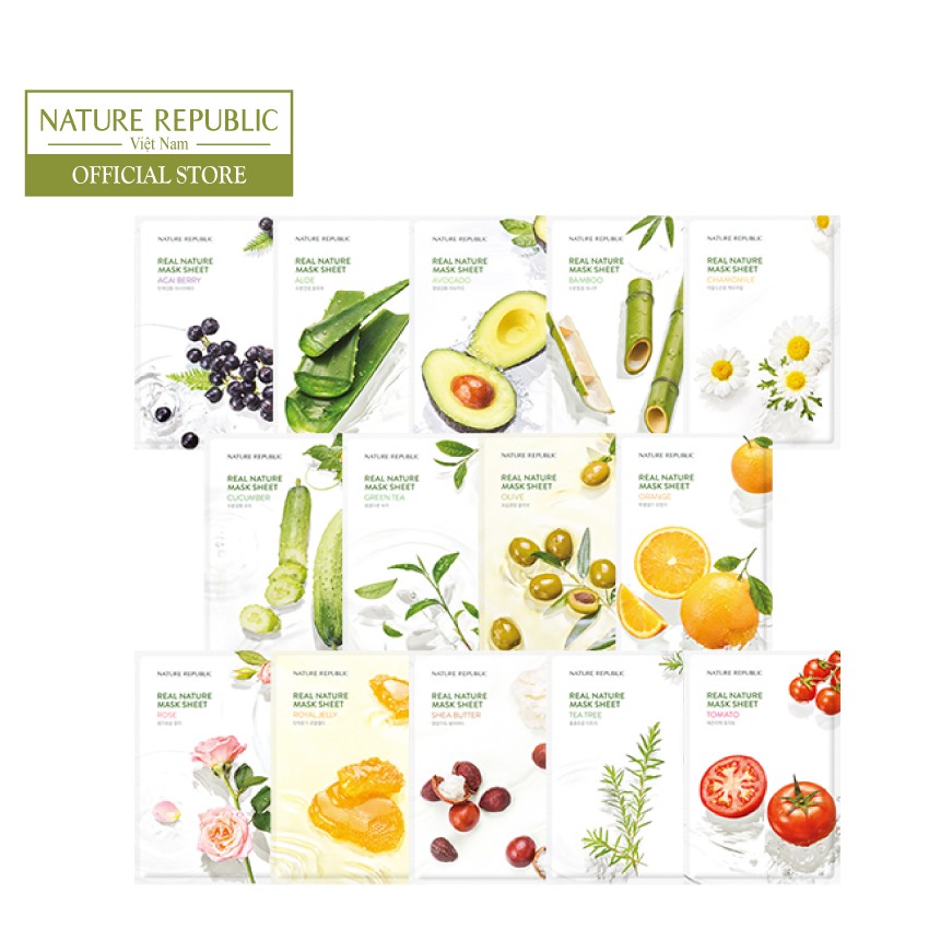 Combo 5 mặt nạ giấy dưỡng da cùng loại Nature Republic Real Nature Mask Sheet 23ml/miếng