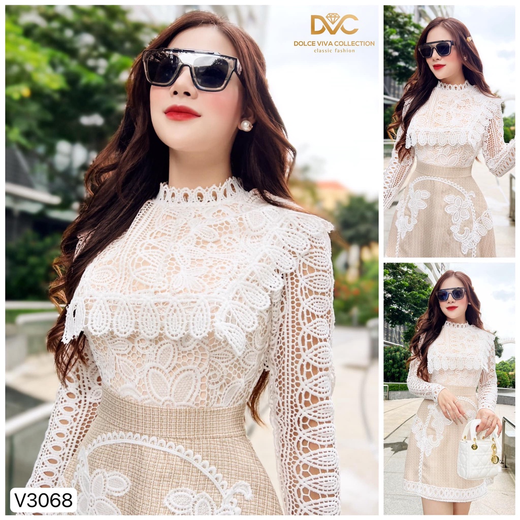 Váy ren nữ dài tay thêu hoa thiết kế cao cấp V3068- DVC