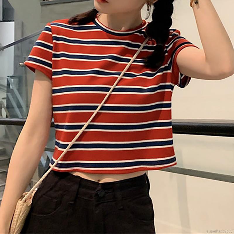 Áo thun tay ngắn hoạ tiết kẻ sọc cho nữ
