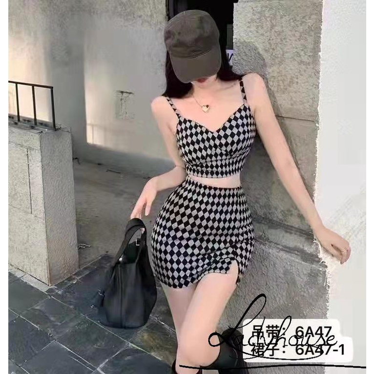 Ld-áo Tank Top + Chân Váy Cotton In Họa Tiết Kẻ Sọc Xẻ Tà Lưng Cao Thời Trang Mùa Hè Cho Nữ