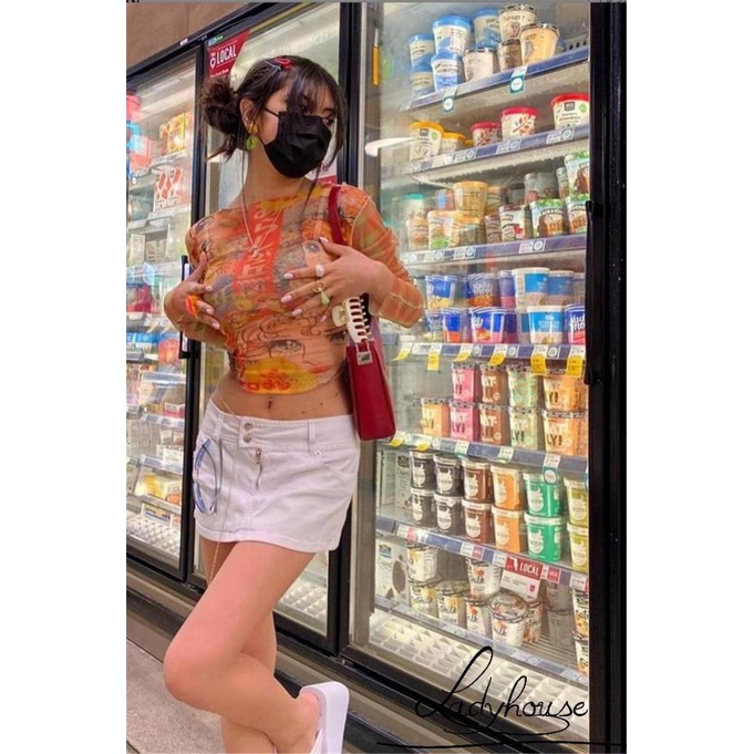 Áo croptop tay dài cổ tròn dáng ôm in họa tiết hoạt hình thời trang cho nữ