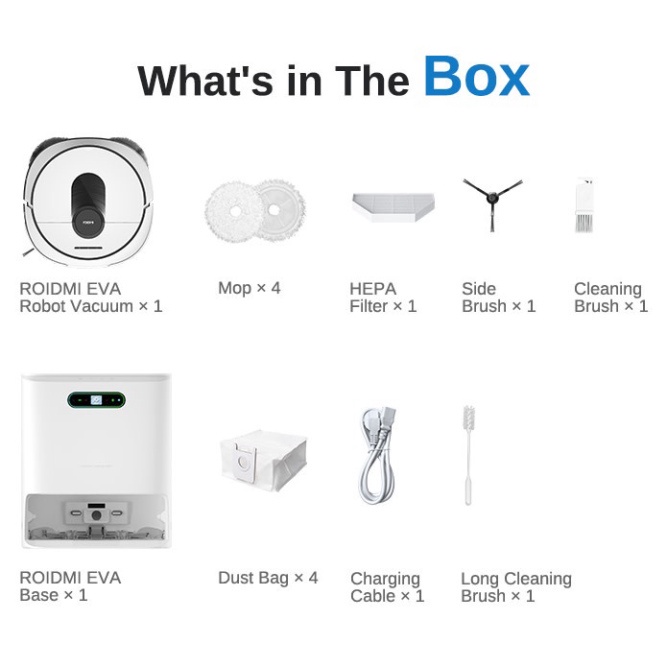 Robot Hút Bụi Lau Nhà XIAOMI ROIDMI EVA tự giặt giẻ và tự động đổ rác - SẤY KHĂN, bản quốc tế