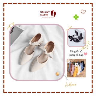 Giày nữ búp bê tiểu thư quai ngang mũi nhọn thắt nơ đế bệt cao 2cm phong cách ulzzang