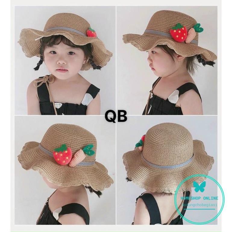 Set túi mũ cói và túi cói dâu tây dễ thương cho bé đi học đi biển đi chơi từ 2 đến 8 tuổi
