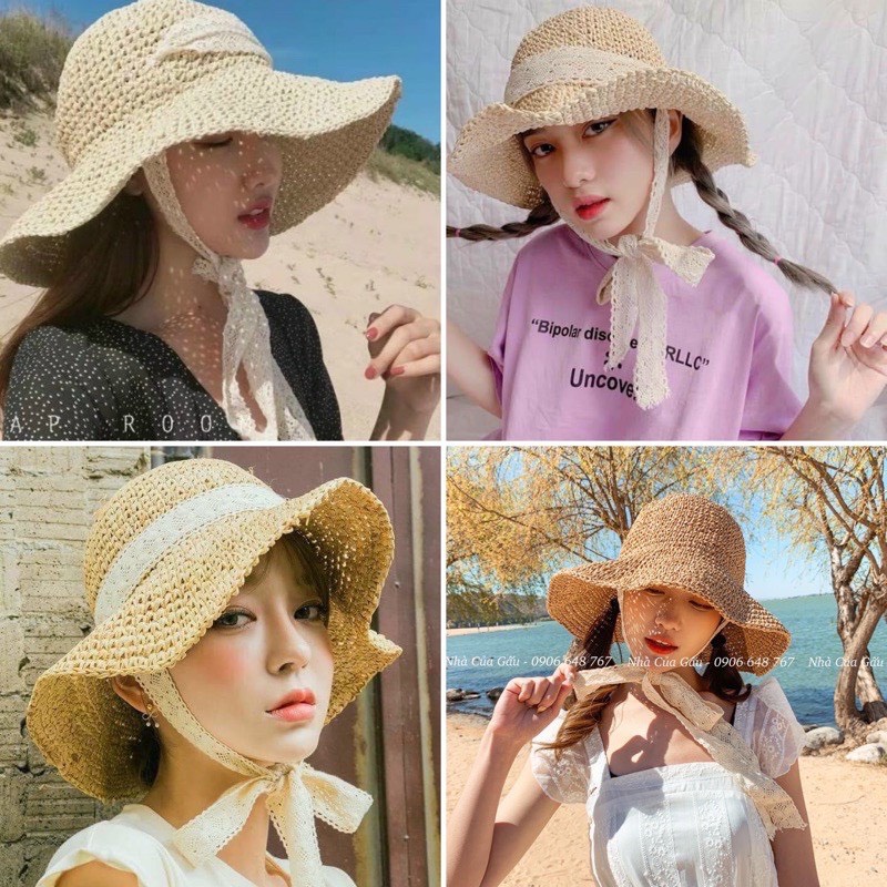 Nón cói, mũ cói mềm móc tay dây ren buộc cổ phong cách XUKA DRESS