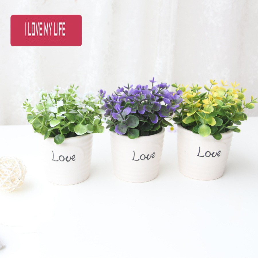 Hoa giả trang trí để bàn, hoa bonsai chậu sứ chữ LOVE - H0129 (nhiều màu lựa chọn)