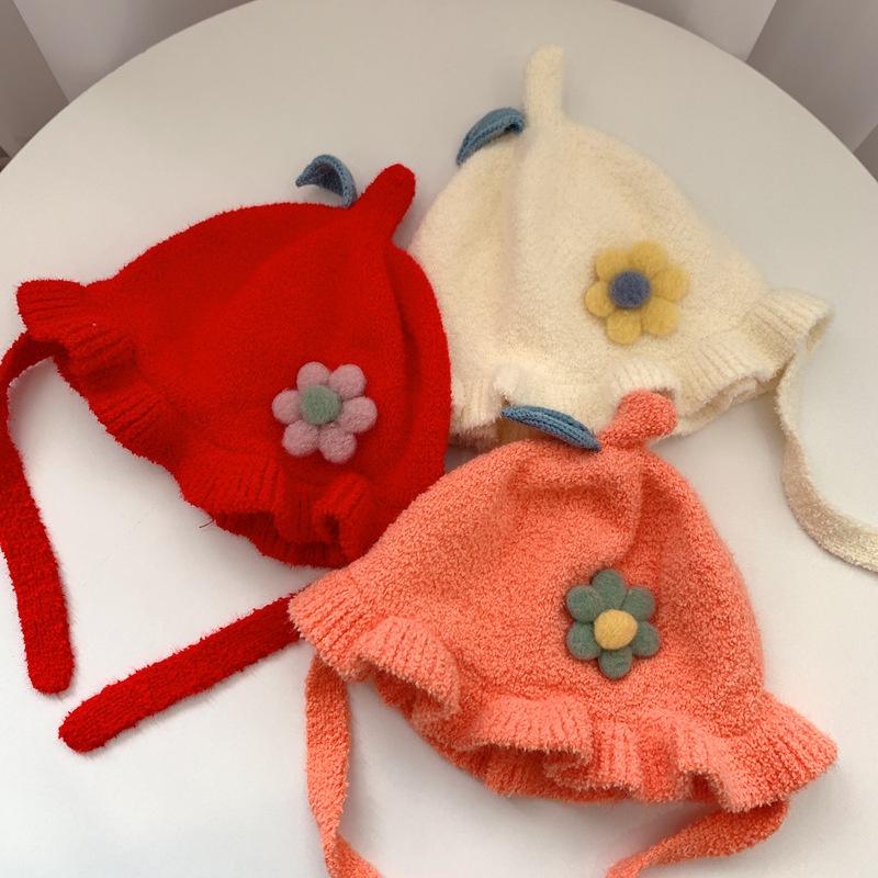 Mũ Len Cho Bé Có Dây Buộc 3-24 Tháng Mẫu Hoa Lá M35