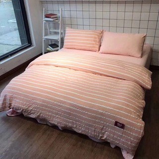 set chăn ga gối cotton đũi kẻ cam