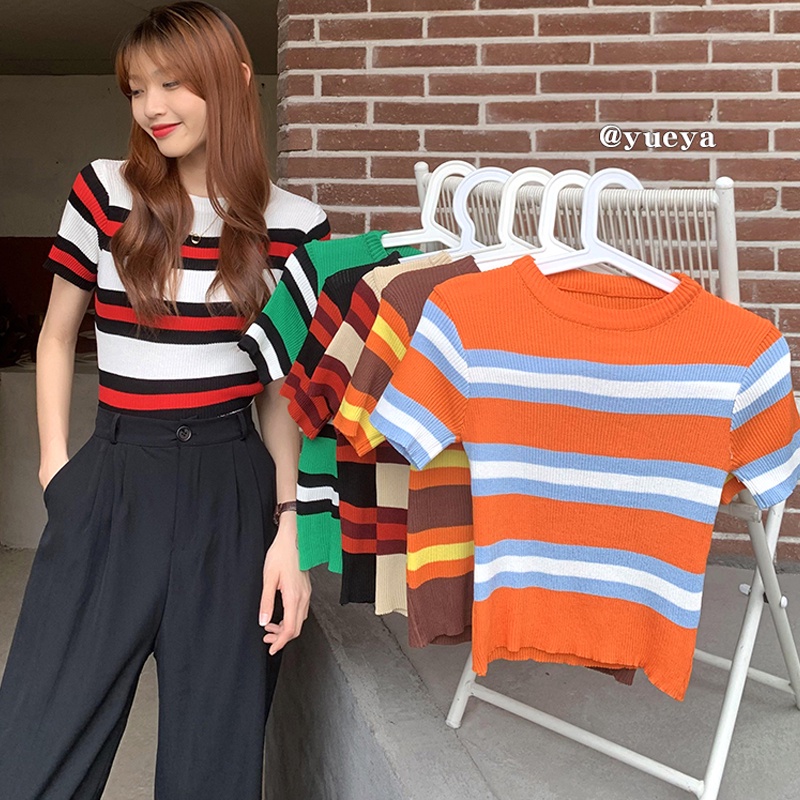 Áo Thun Dệt Kim Ngắn Tay Cổ Vuông Kẻ Sọc Thời Trang Trẻ Trung Áo Dệt Kim Ngắn Tay Cổ Tròn Họa Tiết Kẻ Sọc Nhiều Màu Thời Trang Mùa Hè Cho Nữ
