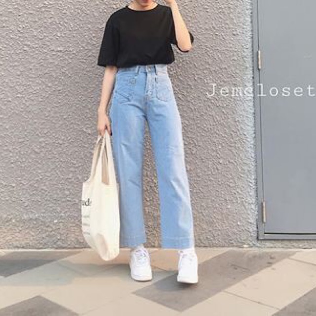 Quần Jean Nữ Suông Basic Màu Xanh Quần Bò Baggy Có 2 Túi Đằng Trước Mặc Siêu Tôn Dáng  2101 JEMCLOSET