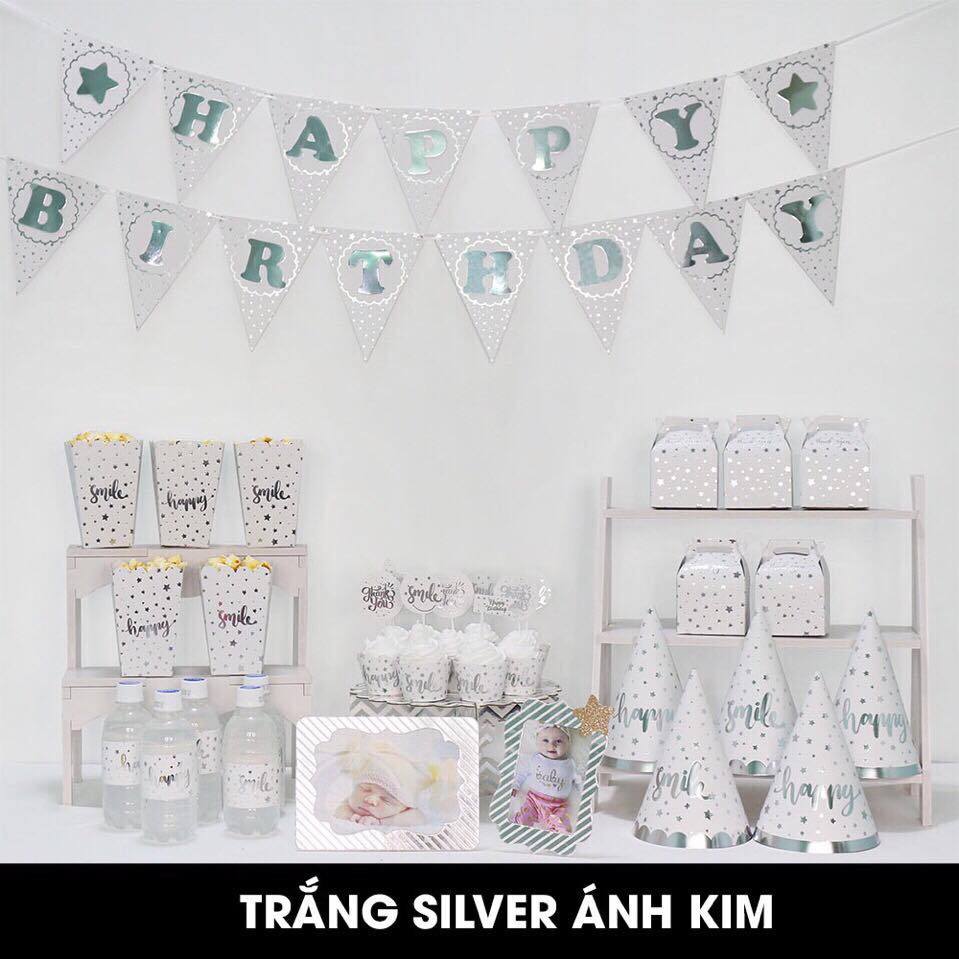 Set trang trí sinh nhật trắng silver ánh kim