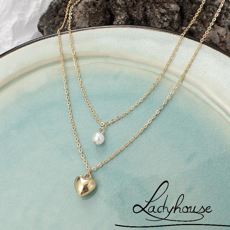Vòng cổ hai lớp đính ngọc trai nhân tạo hình trái tim thời trang dành cho nữ