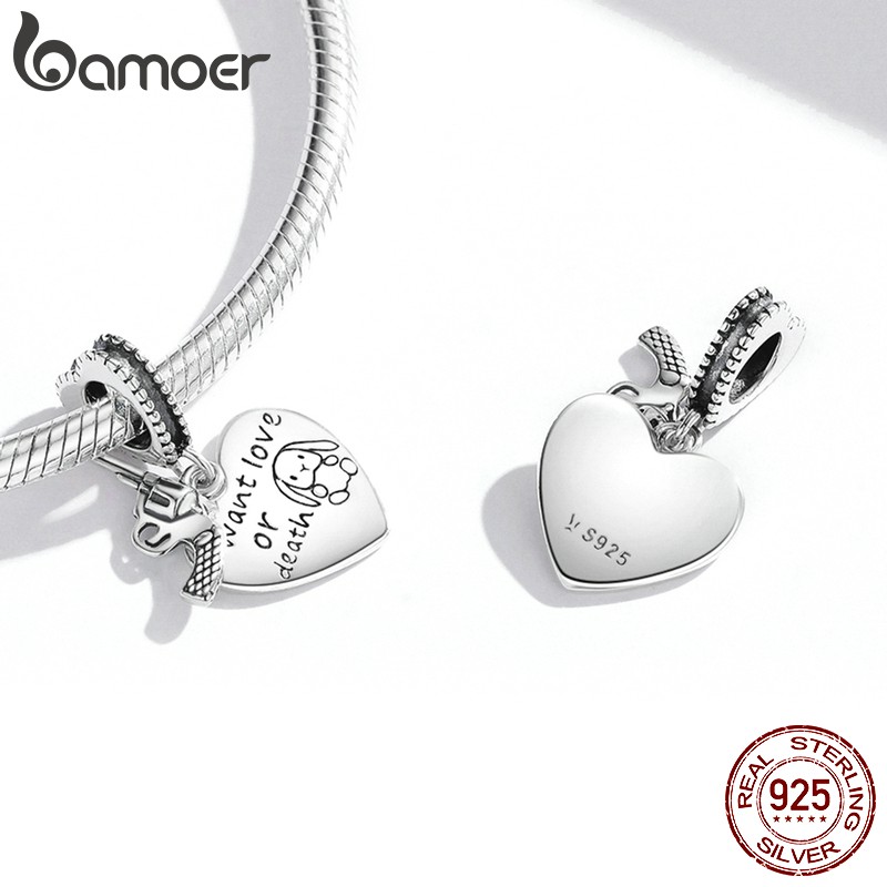 Mặt vòng tay/dây chuyền BAMOER Scc1993 bằng bạc 925 hình trái tim và súng lục lỗ 4.5mm thích hợp cho DIY