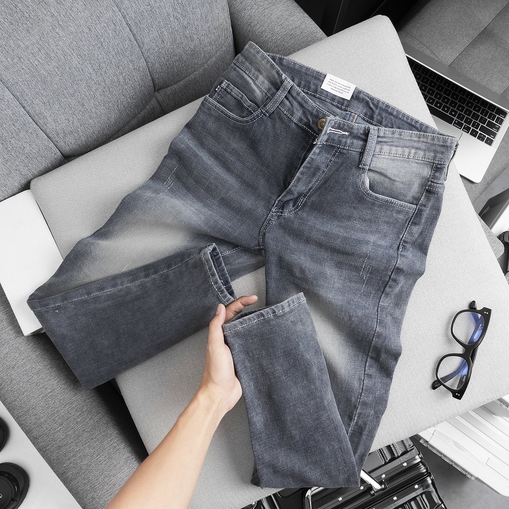 Quần jean nam màu xám xước nhẹ phong cách trẻ trung - quần bò nam cao cấp hot trend, form đẹp chất liệu dày dặn