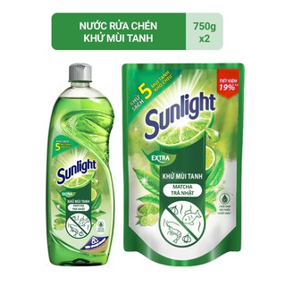 [COMBO TIẾT KIỆM] Nước rửa chén Sunlight Khử mùi tanh chiết xuất Matcha Trà Nhật chai 750g & túi 750g