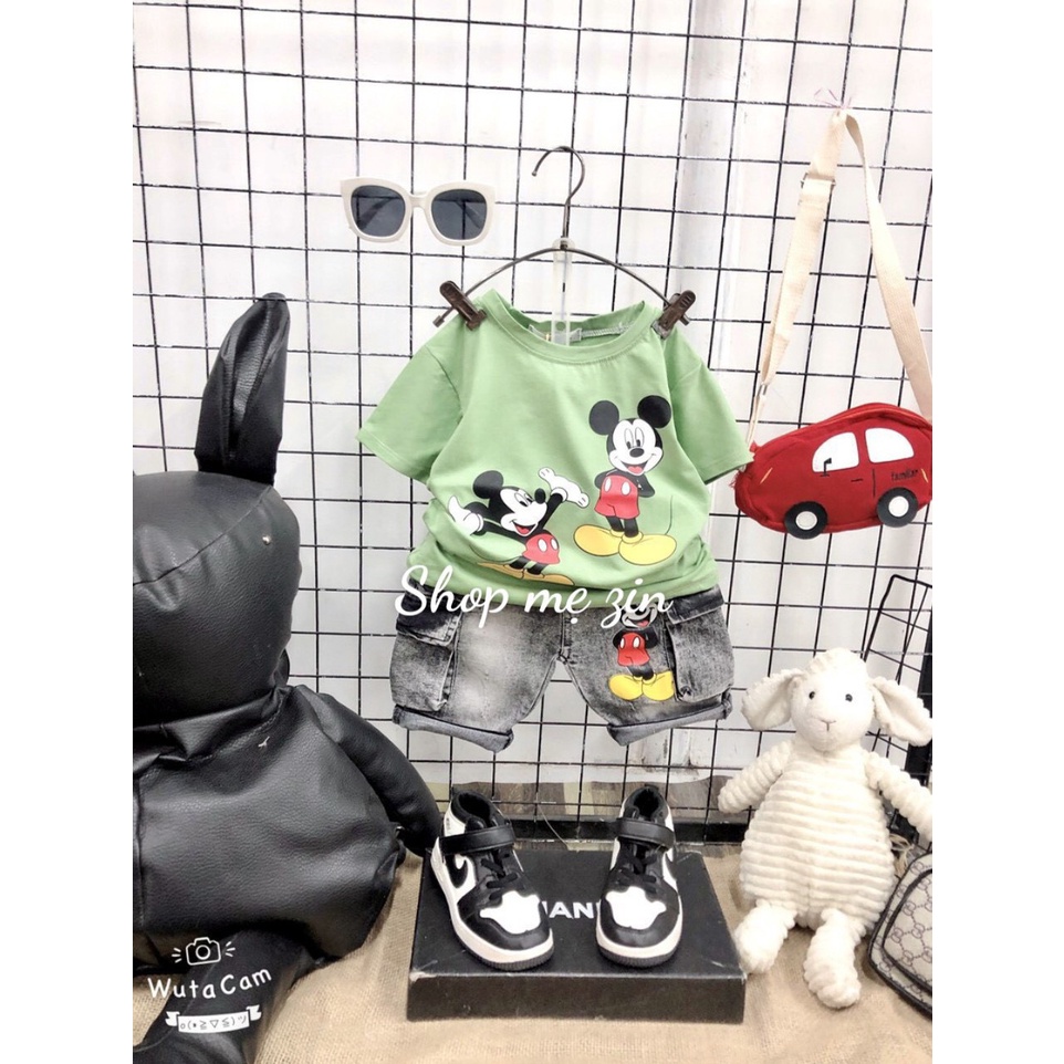 Set áo thun thể thao và quần short jean Quảng Châu cho bé trai