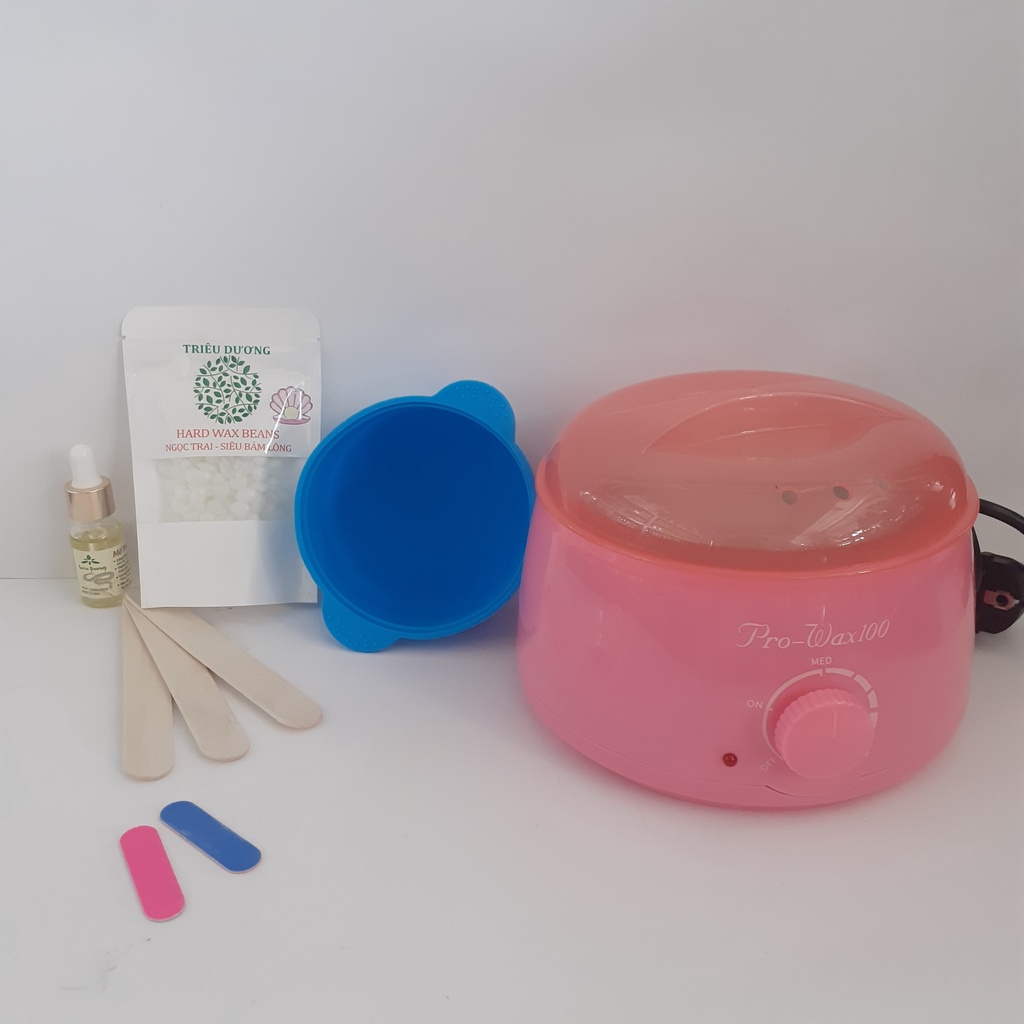 set wax lông đầy đủ:1 nồi prowax 100 + 1 gói sáp mini 50g hương thơm  + 1 chén chống dính + 1 mỡ trăn 10ml +1 phấn 100gr