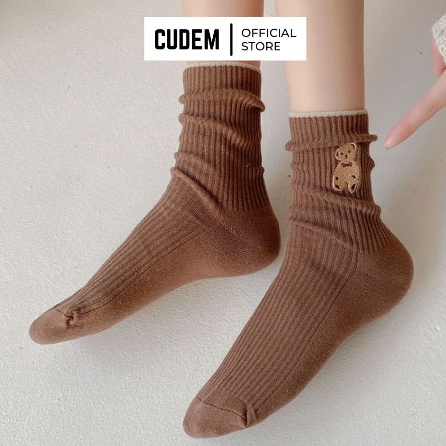 Tất nữ cổ cao vải cotton thêu hình chú gấu hoạt hình phong cách Hàn Quốc C5