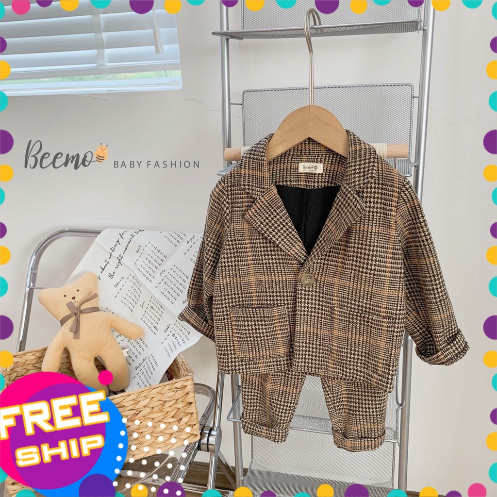 Bộ comle cho bé 1-7 tuổi vải dạ họa tiết kẻ, Set bộ vest bé trai hàng thiết kế cao cấp