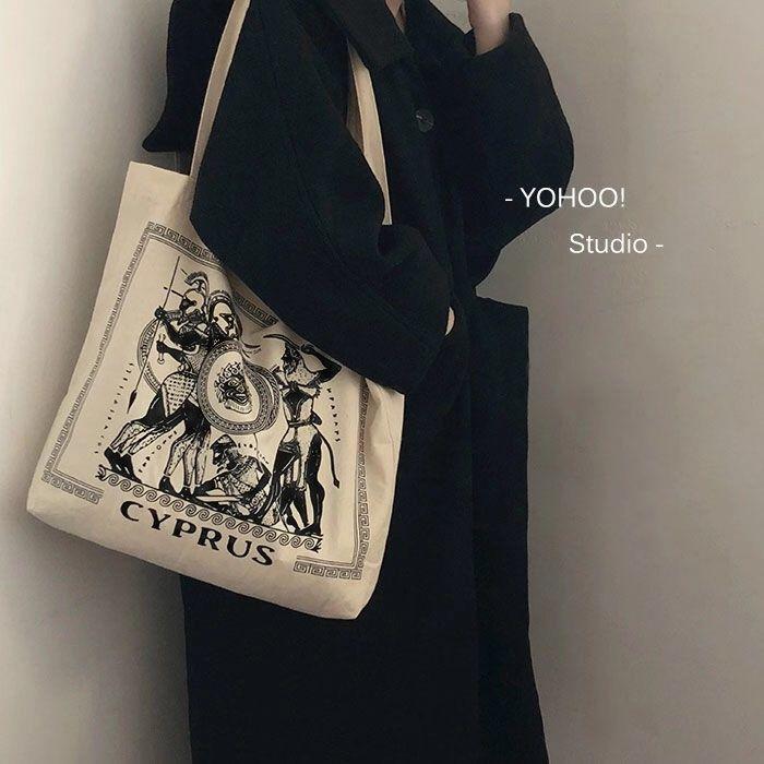 [Special offer]Women's bag retro shoulder bag Greek illustration chic Korean version versatile canvas bag retro handbag female student ins