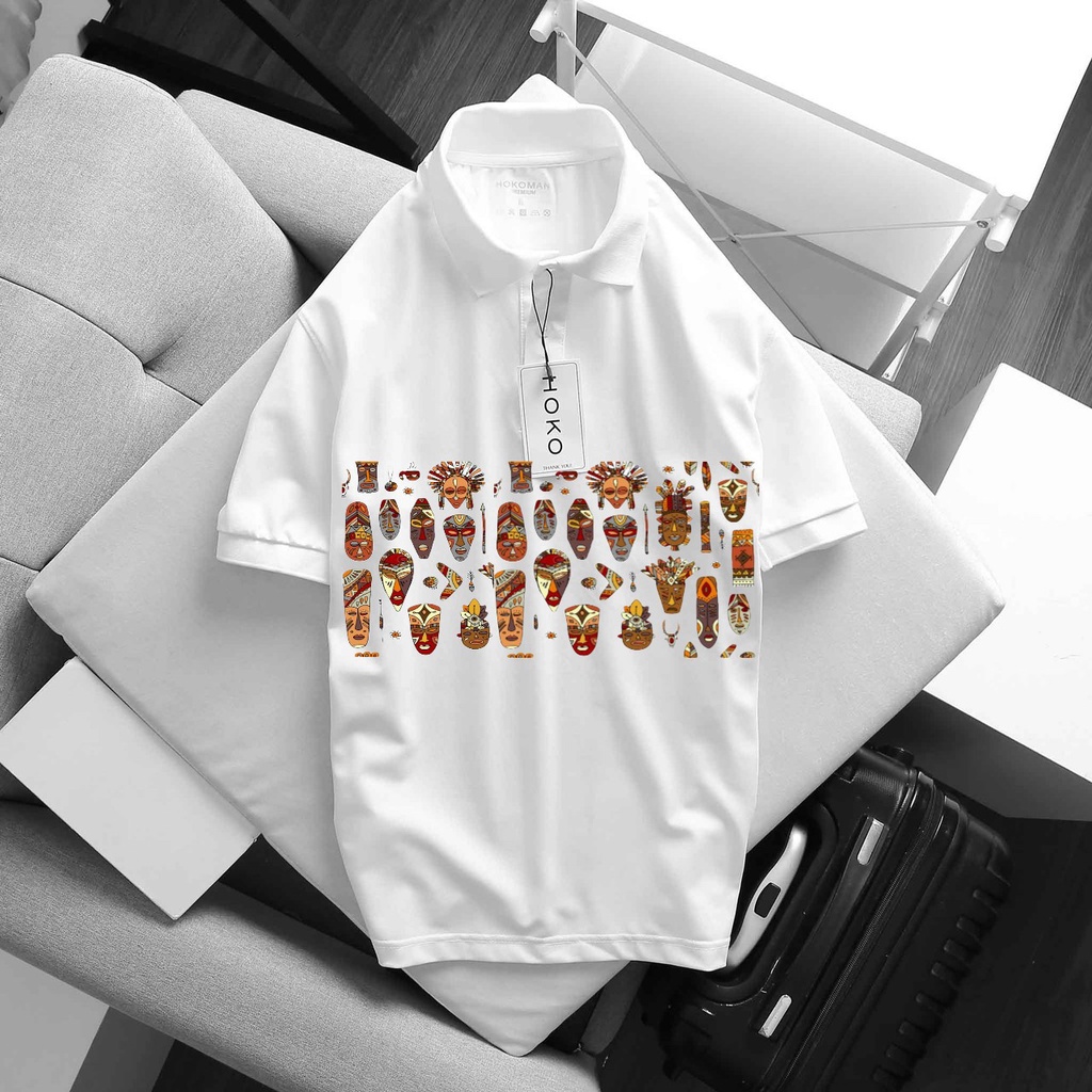 ÁO THUN POLO NAM NỮ CỔ BẺ HOẠ TIẾT MẶT NẠ THỔ CẨM ĐỘC LẠ