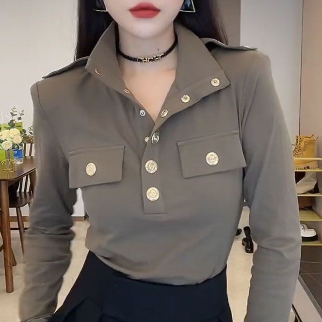 Áo Thun Cotton Cổ POLO Phối Nút Kim Loại Thời Trang Mùa Thu Dành Cho Nữ