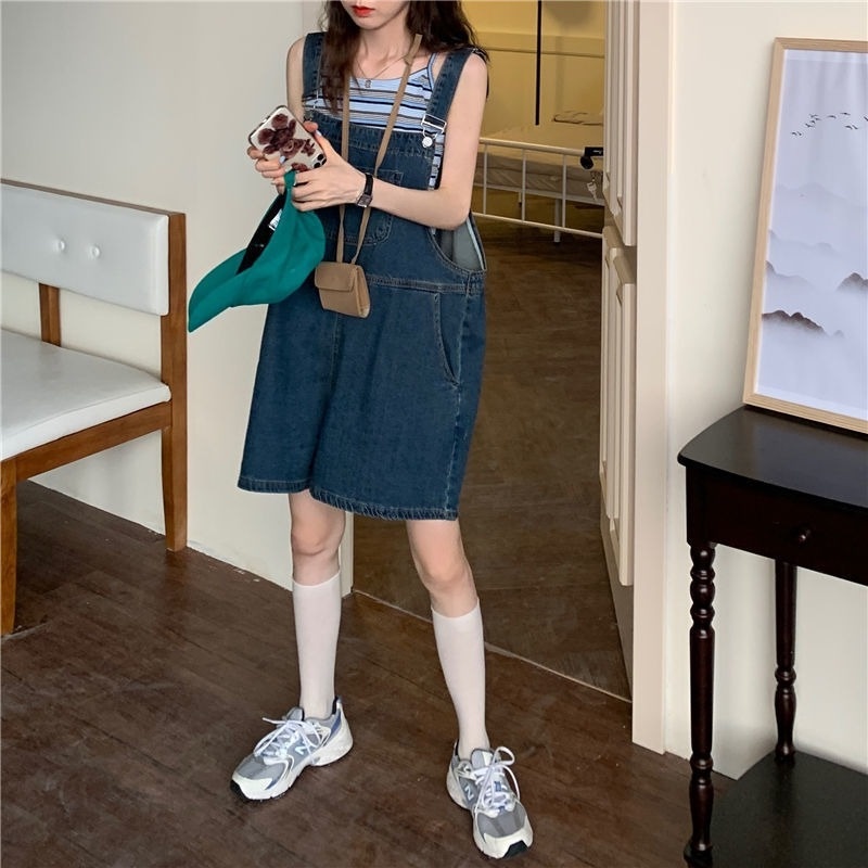 Quần yếm denim ống rộng lưng cao thời trang cho nữ