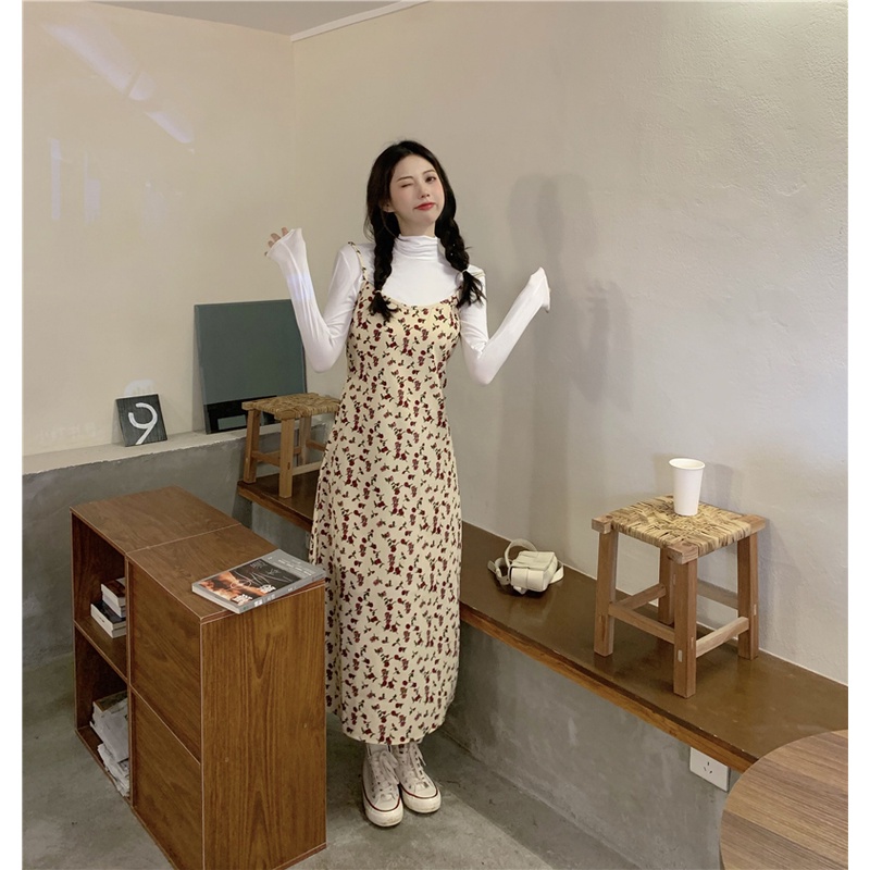 Xiaozhainv Đầm dây maxi họa tiết hoa thời trang/ Áo thun tay dài màu trơn dễ phối đồ dành cho nữ | BigBuy360 - bigbuy360.vn