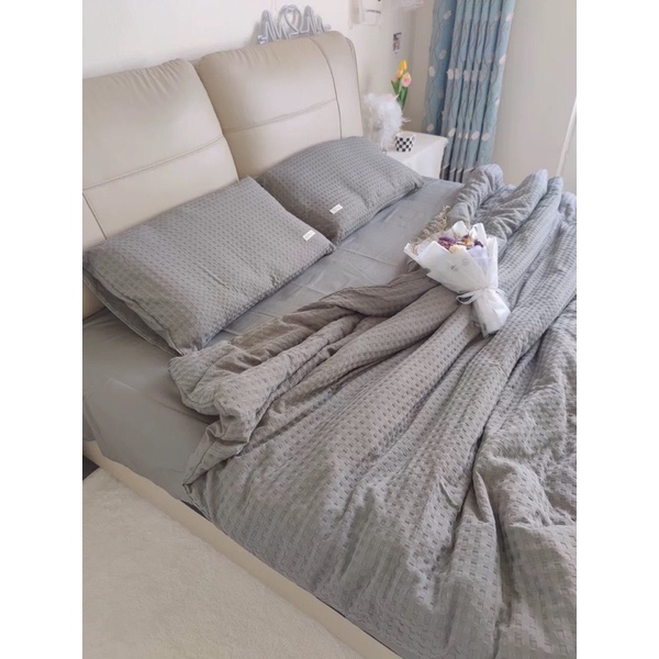 Bộ ga gối và vỏ chăn Cotton Waffle dệt ô vuông trẻ trung mới nhất