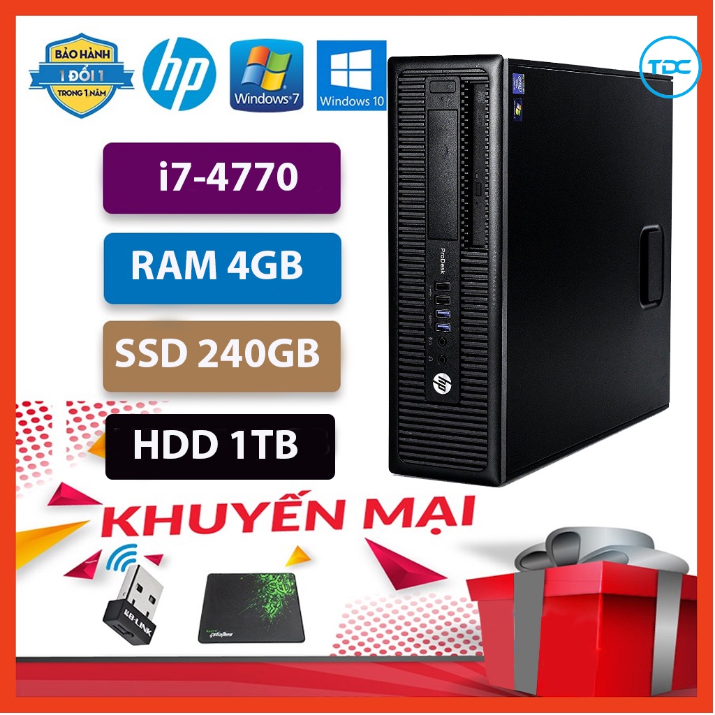 Case máy tính để bàn HP 600G1 CPU core  i7-4770  Ram 4GB SSD 240GB+HDD 1TB  Tặng USB thu Wifi+Bàn di chuột
