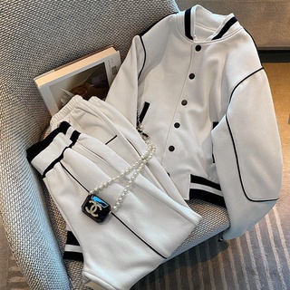 Fashion leisure sports splicing suit for men and women spring and autumn white advanced sense baseball suit foot trousers age reduction two-piece set